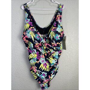 Caribbean Sand 1 Piece Swimsuit Womens 24W Navy Floral Tummy Control Tropical‎
